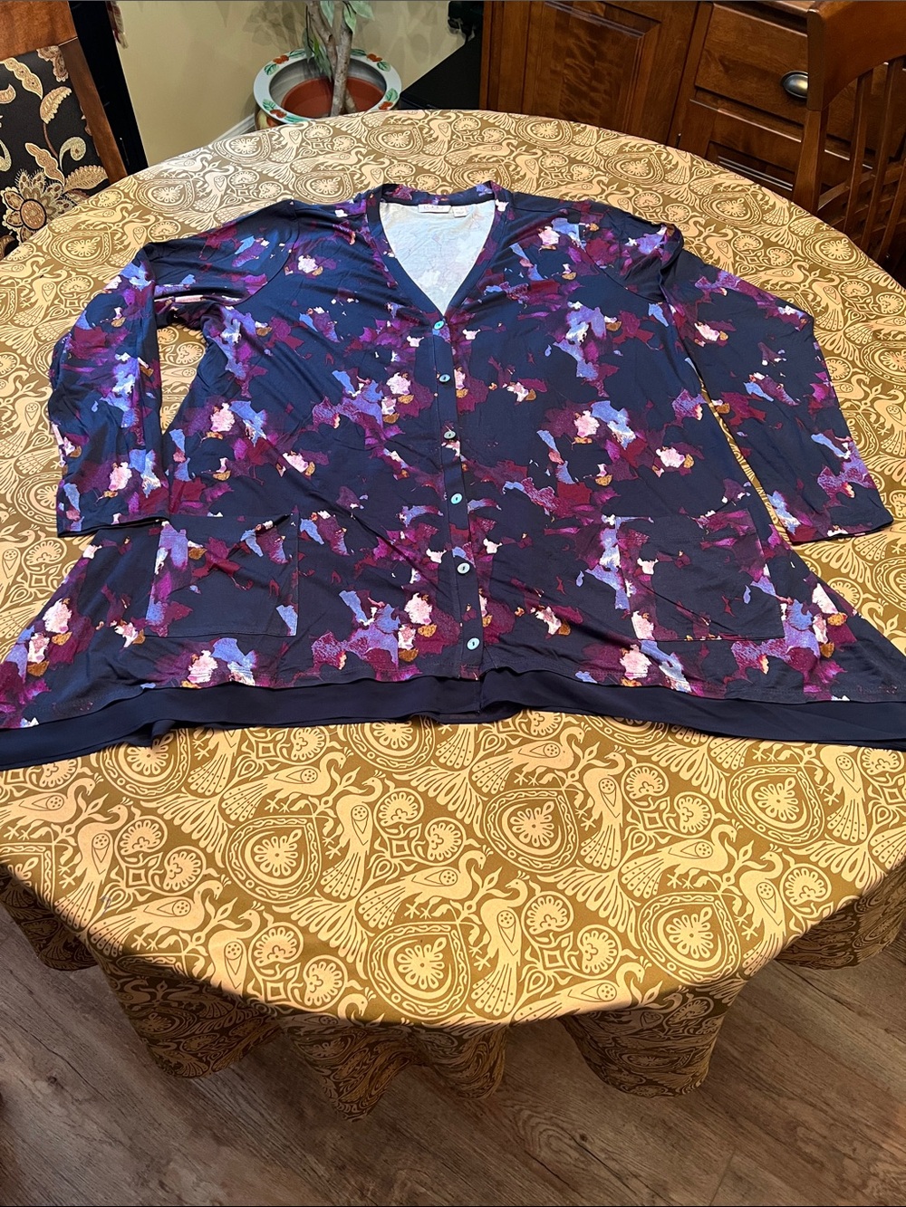 LOGO by Lori Goldstein Navy Floral-Print Button Front Top